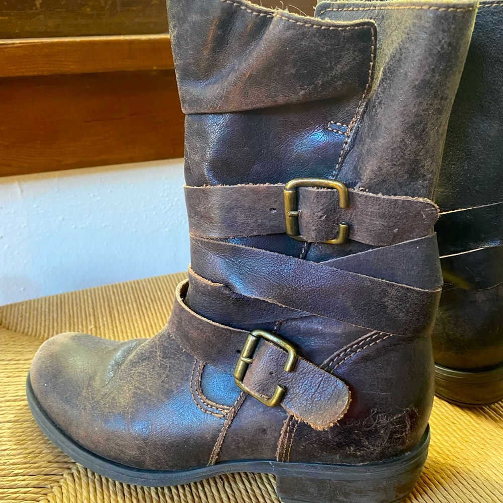 Bos & Co distressed moto boots in brown.
